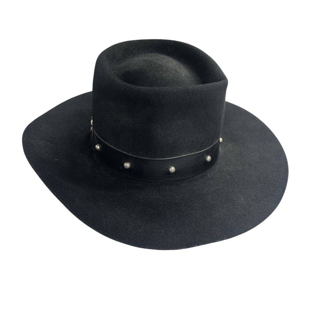 Dorfman Pacific Dakota 100% Wool Cowboy Hat 7 1/4 Black Studded Western Goth - Picture 2 of 10